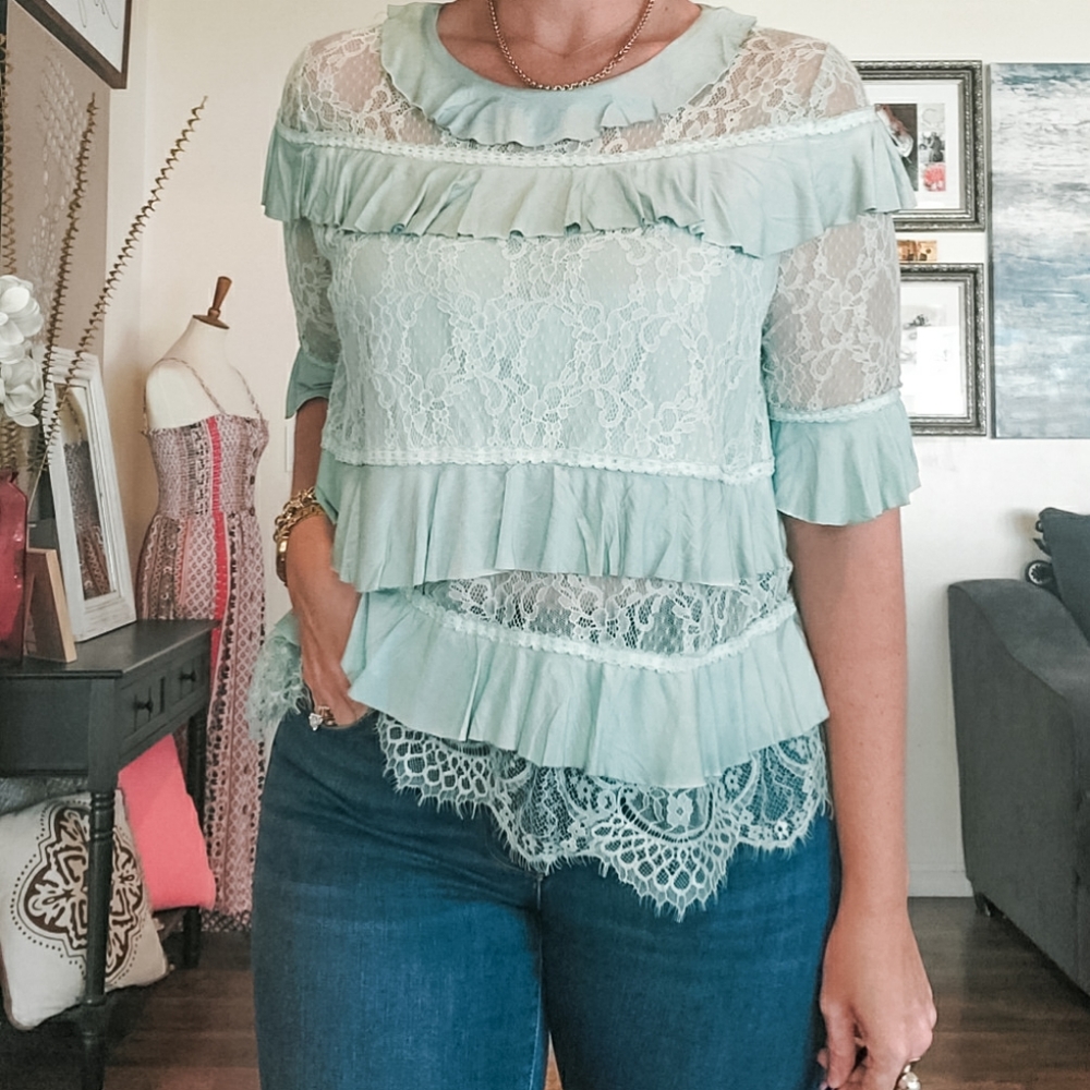 POL Mint Green Lace Short Sleeve Ruffle Blouse